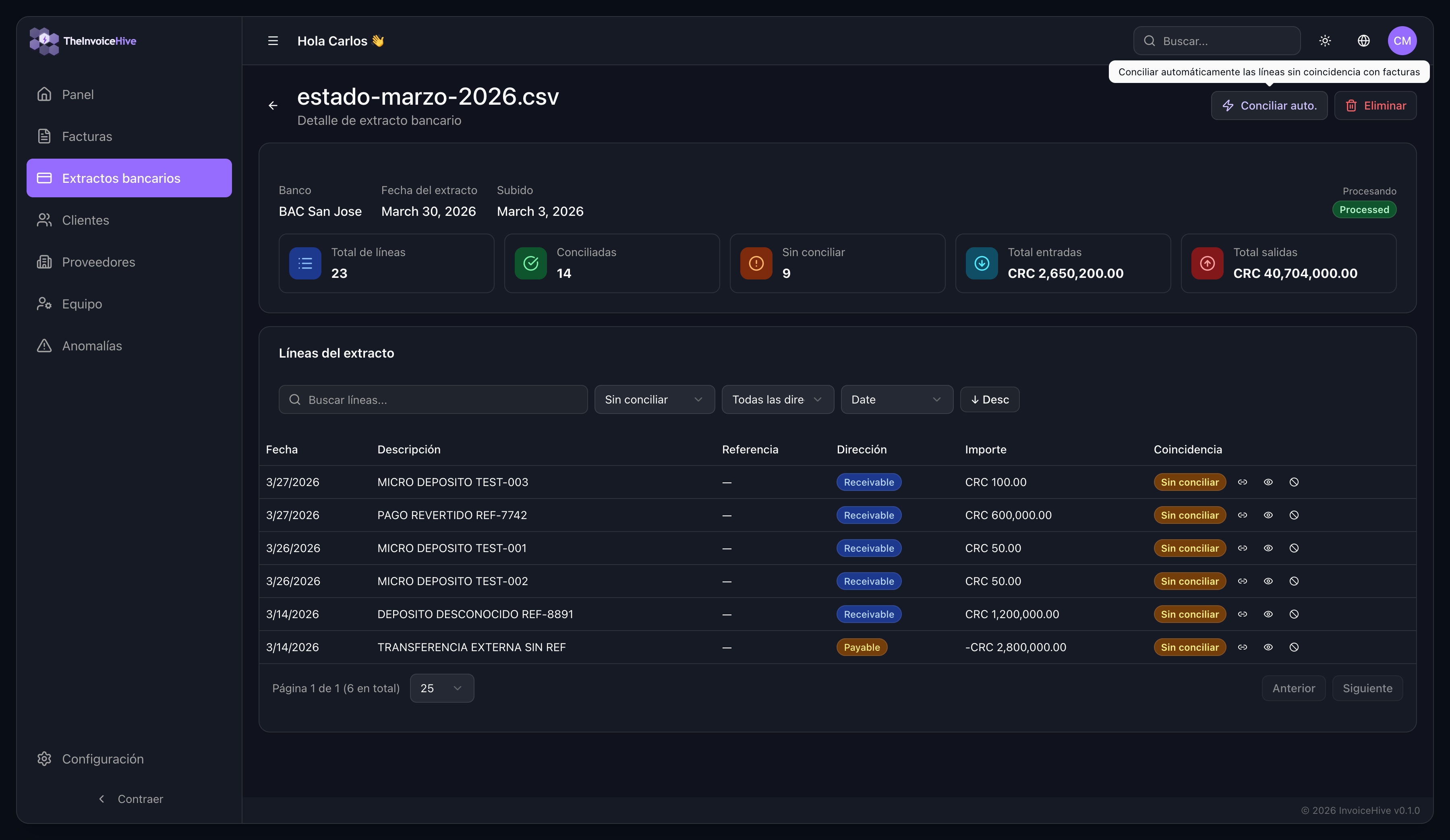 InvoiceHive bank statement detail showing line-by-line reconciliation work