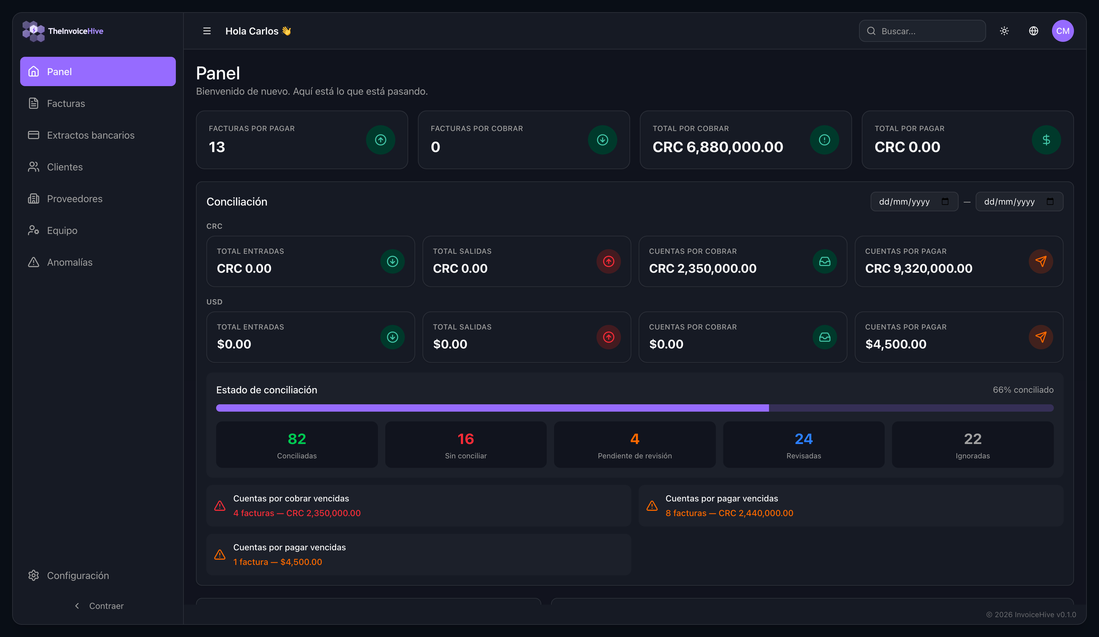 InvoiceHive dashboard showing reconciliation summary, overdue items, and matching status