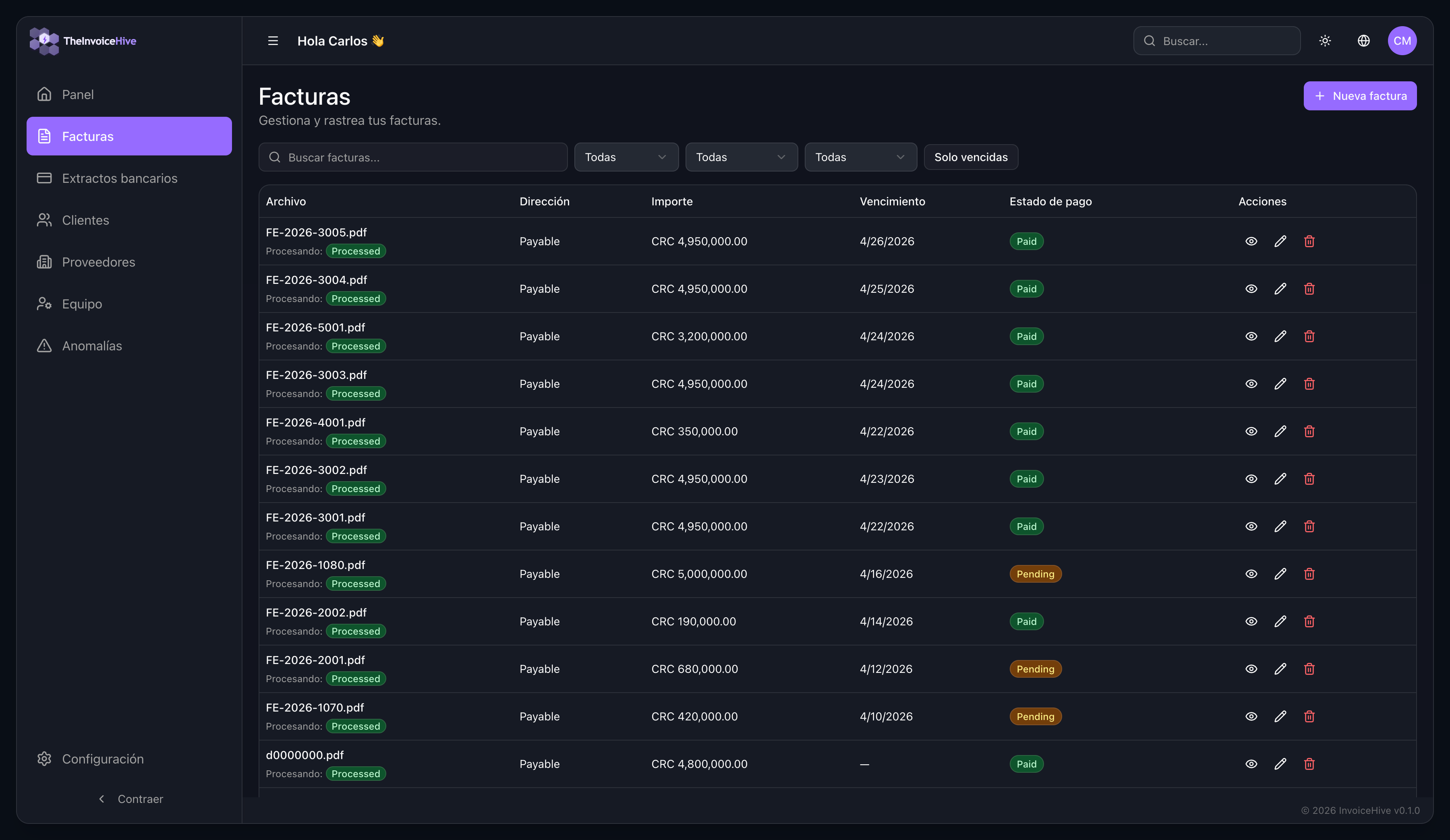 InvoiceHive invoice list with statuses and filters
