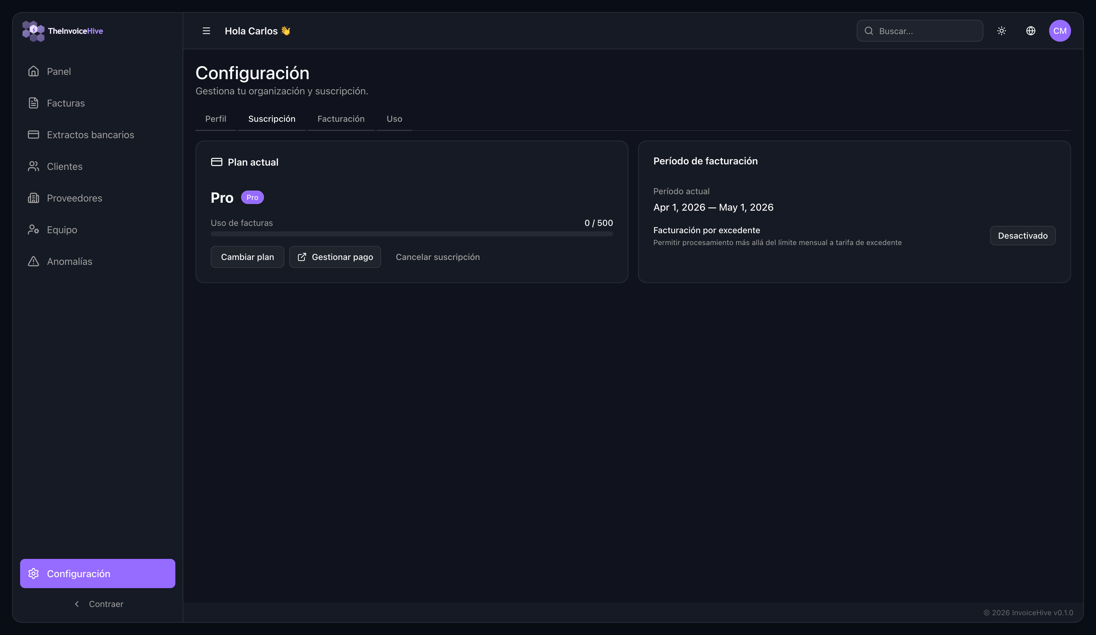 Subscription status screen in InvoiceHive showing plan and usage