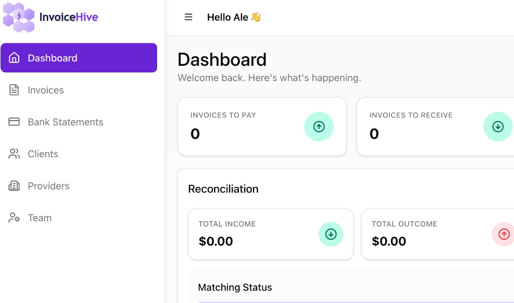 InvoiceHive dashboard with invoice totals and reconciliation summary